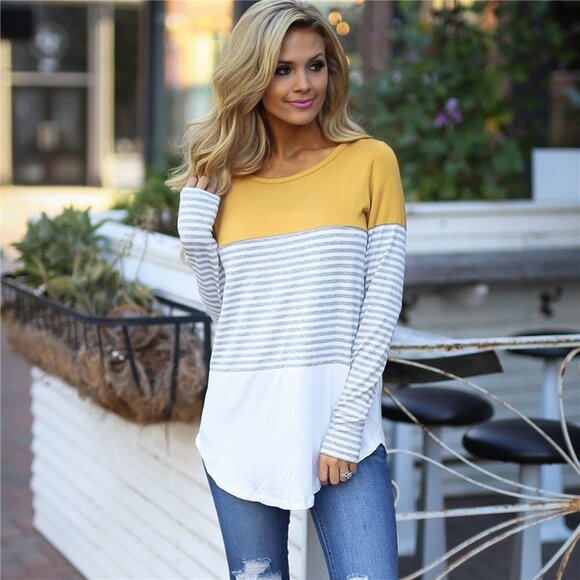 Amazon Long Sleeve Color Block Striped Top Size Large - Picture 1 of 13